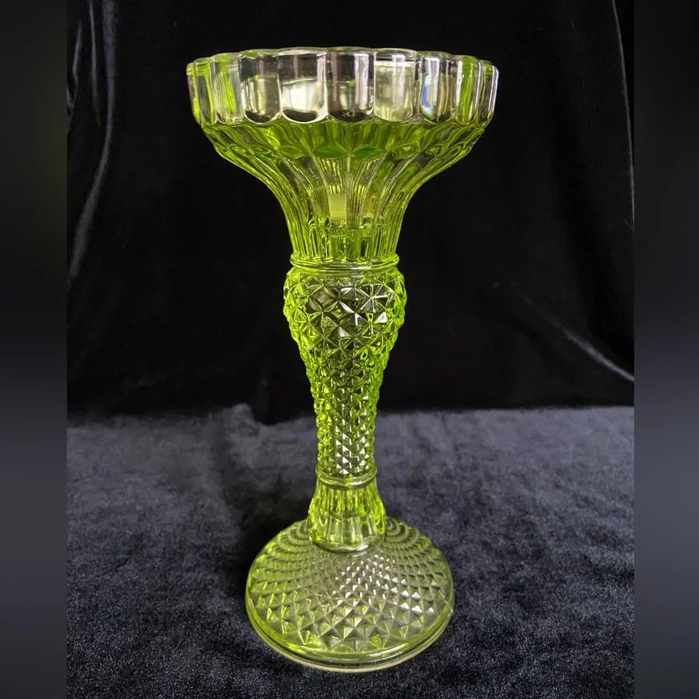 Stunning Vintage Lime Green Pressed Glass Candleholder for both Taper or Pillar